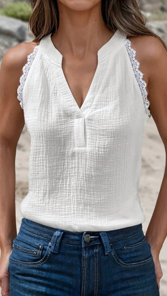 Cotton Textured Lace Trim Sleeveless Top