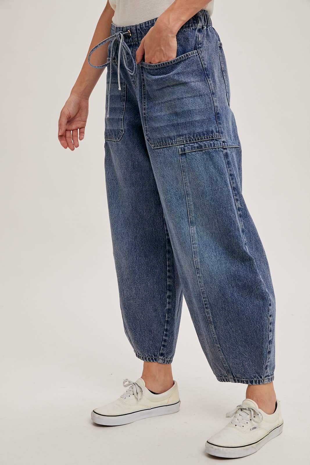 Denim Mid-Waist Drawstring Barrel Jeans