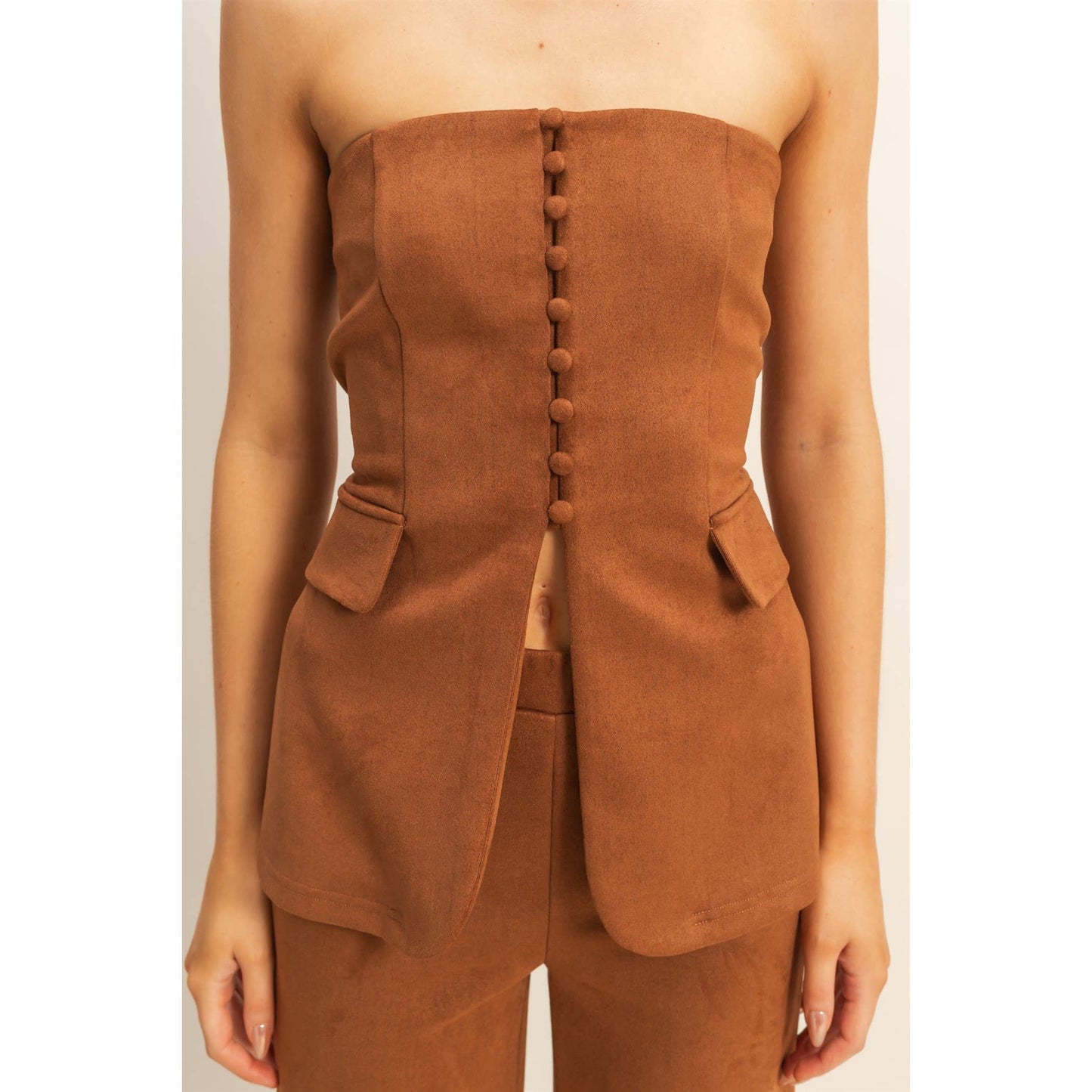 Suede Tailored Flare Pants And Peplum Top Set