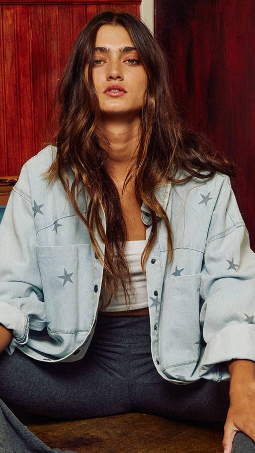 Star Print Washed Denim Shirt Jacket Shacket