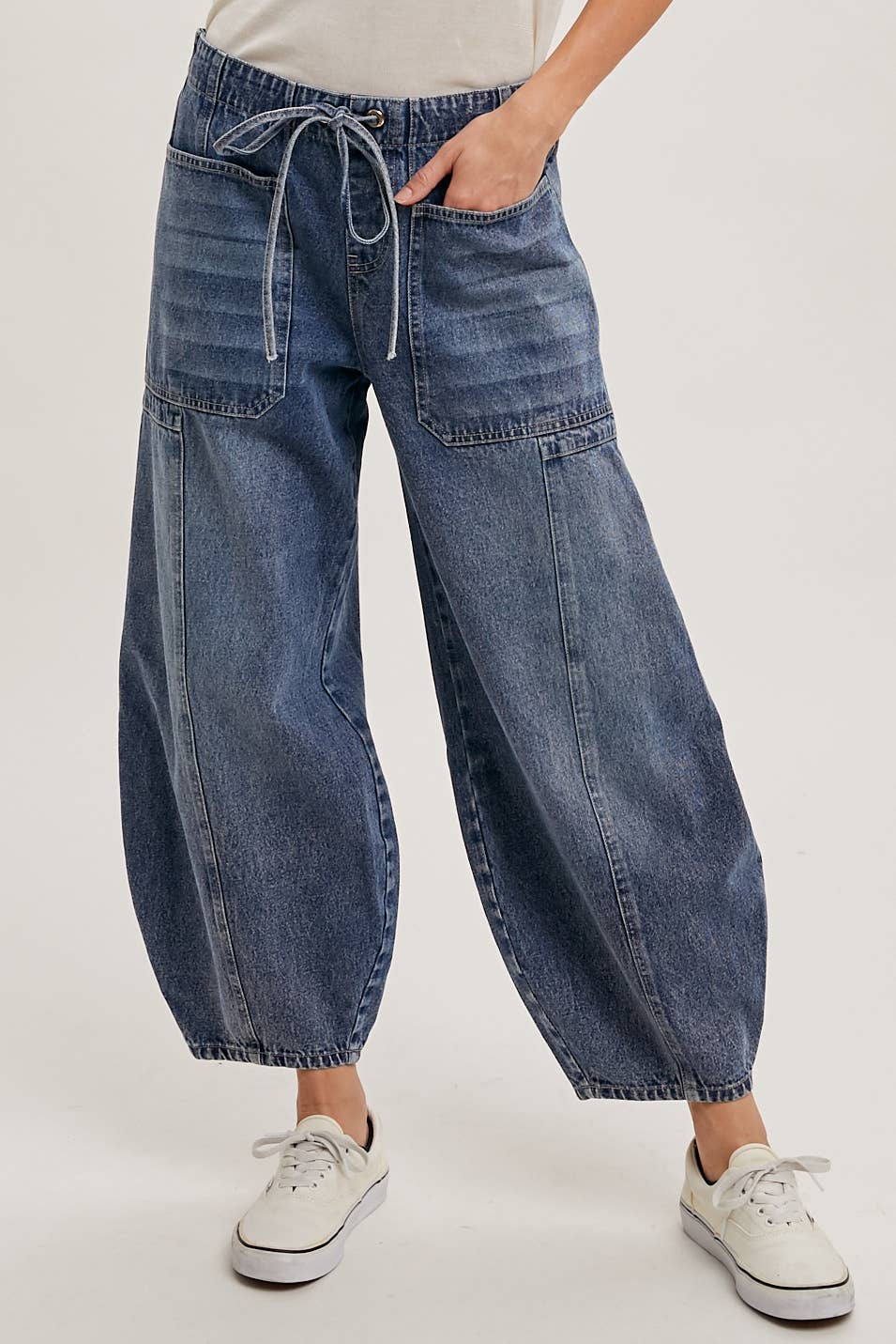 Denim Mid-Waist Drawstring Barrel Jeans