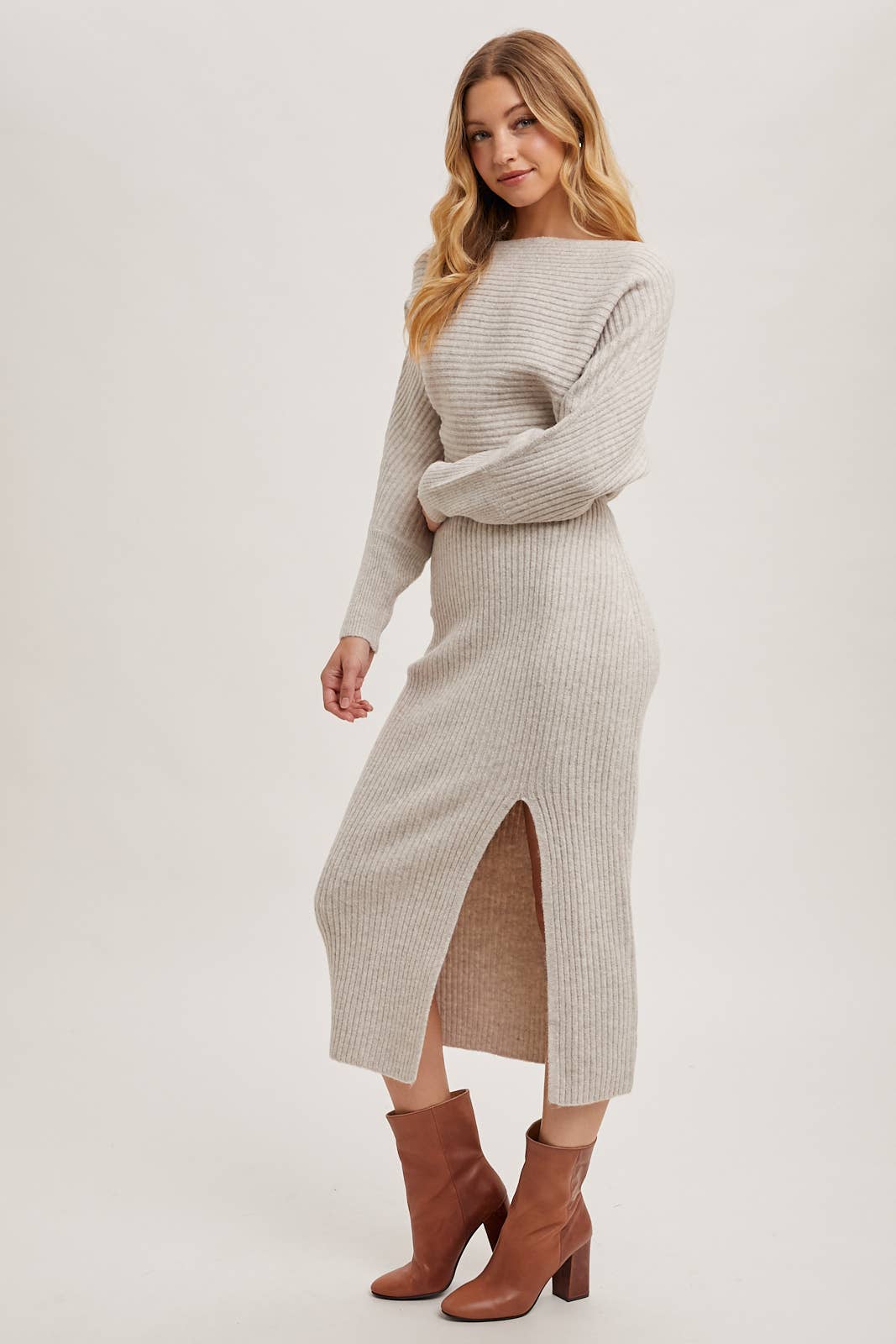 One Shoulder Off Side Slit Midi Knit Dress