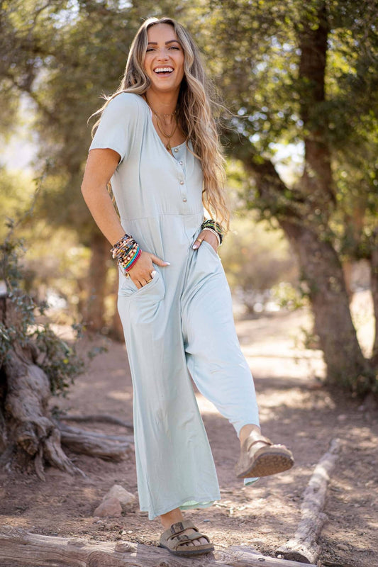 Three Bird Nest - Simply Comfort Short Sleeve Jumpsuit - Seafoam