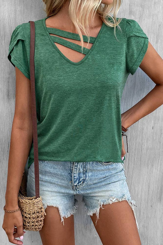 UNISHE - Green V Neck Strappy Petal Sleeves Top ZZKF657